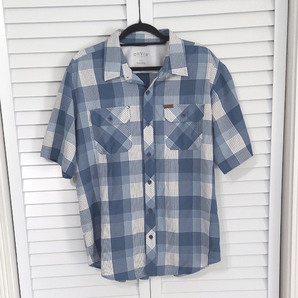 Orvis Shirt, Size XL, Checkerboard Pattern, Blue, Gray, Buttondown, Short Sleeve